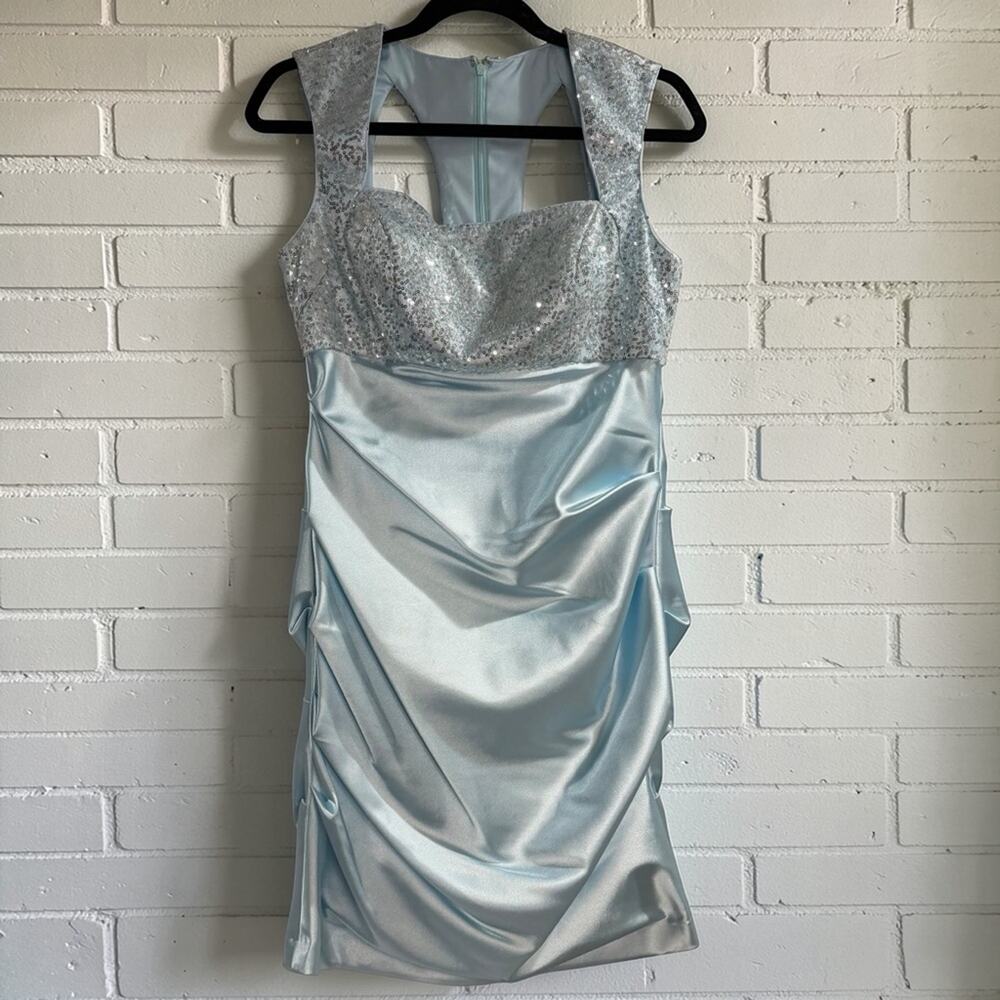 Hailey Logan Adrianna Papell Sequin Satin Mini Dress Ice Blue Size 11/12